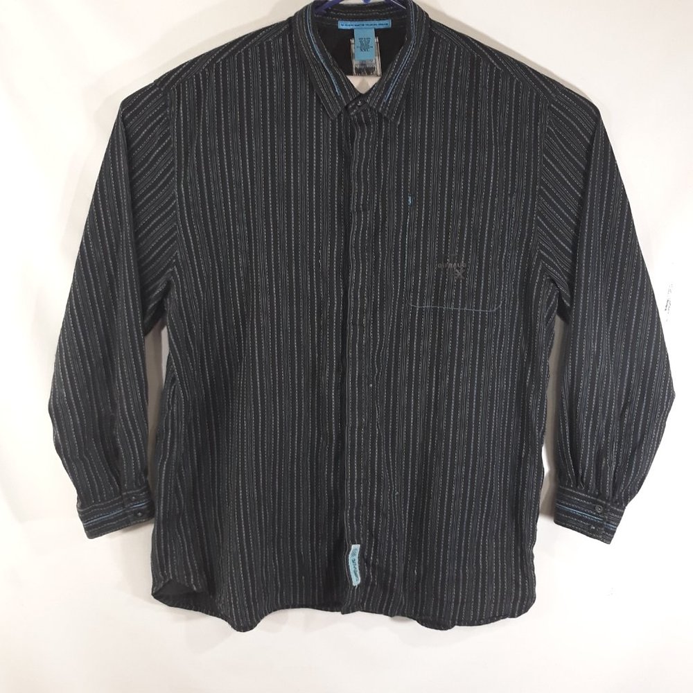 Francois Girbaud Shirt Men XXL Black with Blue Stitch Stripes LS Button-Up Top